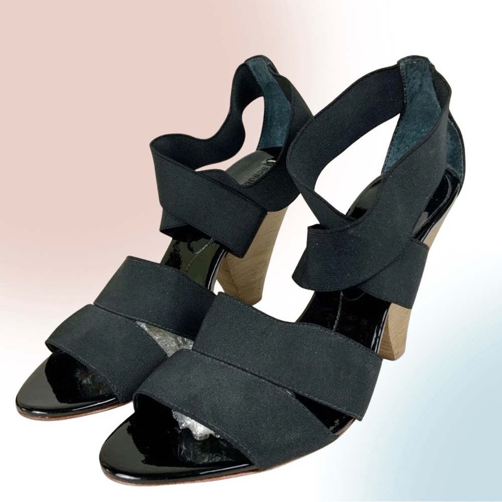 BCBG MAXAZRIA Black Leather & Elastic Strappy Sandals with Stacked Heel - Picture 3 of 12